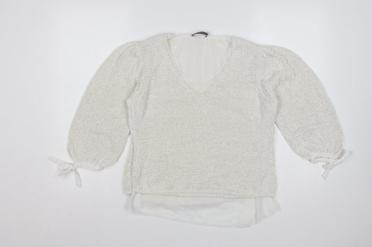 Mint Velvet Women Ivory S V-Neck Knit Balloon Sleeve Jumper