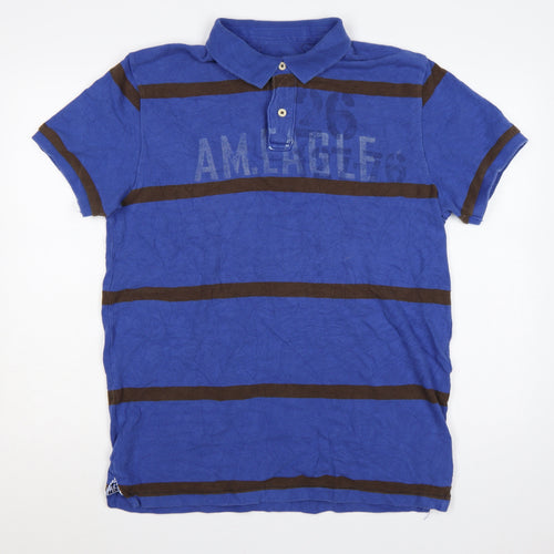 American Eagle Mens Blue Brown Striped Logo Polo Shirt XLT