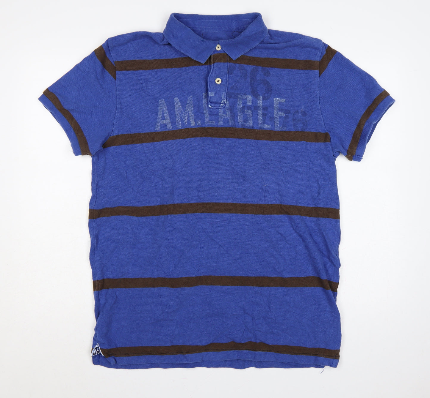 American Eagle Mens Blue Brown Striped Logo Polo Shirt XLT