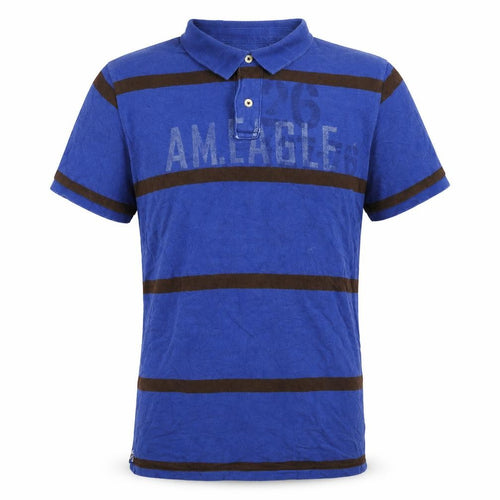 American Eagle Mens Blue Brown Striped Logo Polo Shirt XLT