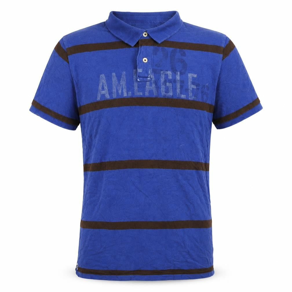 American Eagle Mens Blue Brown Striped Logo Polo Shirt XLT