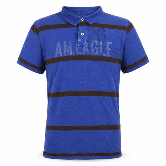 American Eagle Mens Blue Brown Striped Logo Polo Shirt XLT