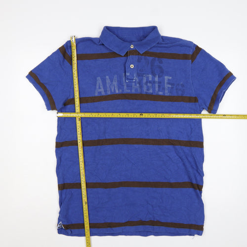 American Eagle Mens Blue Brown Striped Logo Polo Shirt XLT