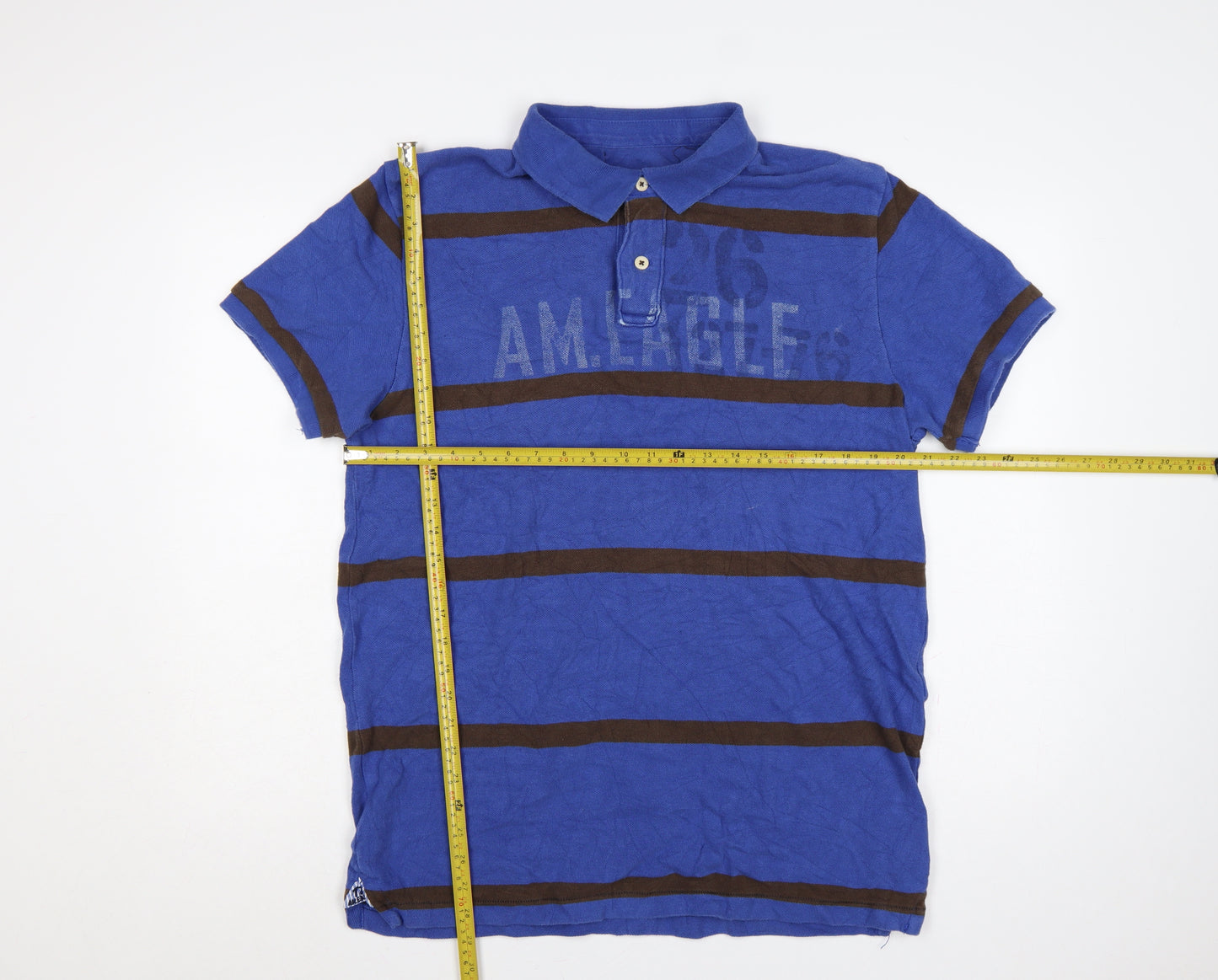 American Eagle Mens Blue Brown Striped Logo Polo Shirt XLT