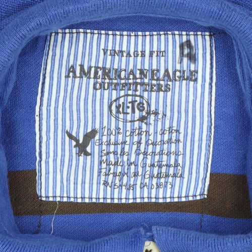 American Eagle Mens Blue Brown Striped Logo Polo Shirt XLT