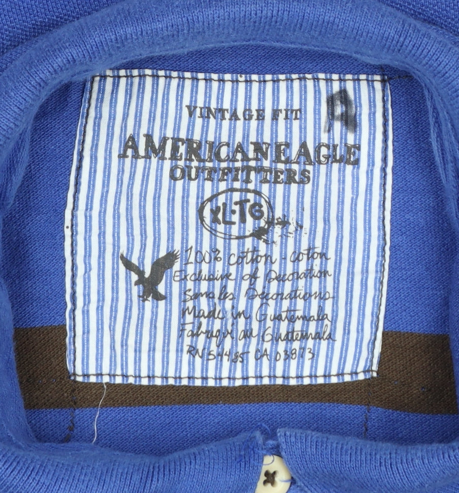 American Eagle Mens Blue Brown Striped Logo Polo Shirt XLT