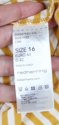 Red Herring Women’s Yellow White Stripe Ringer T-Shirt UK 16
