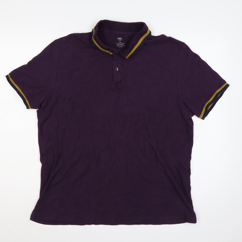 Marks and Spencer Men Purple XL Cotton Polo Shirt Contrast Trim