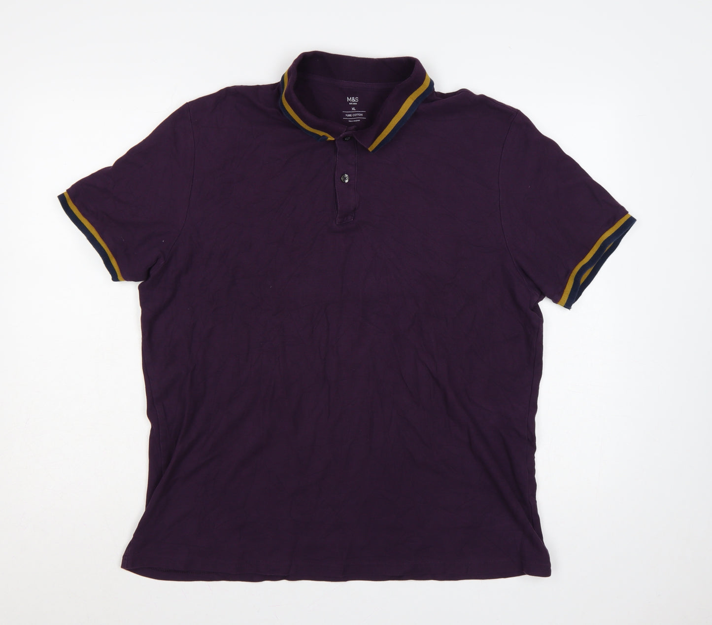 Marks and Spencer Men Purple XL Cotton Polo Shirt Contrast Trim