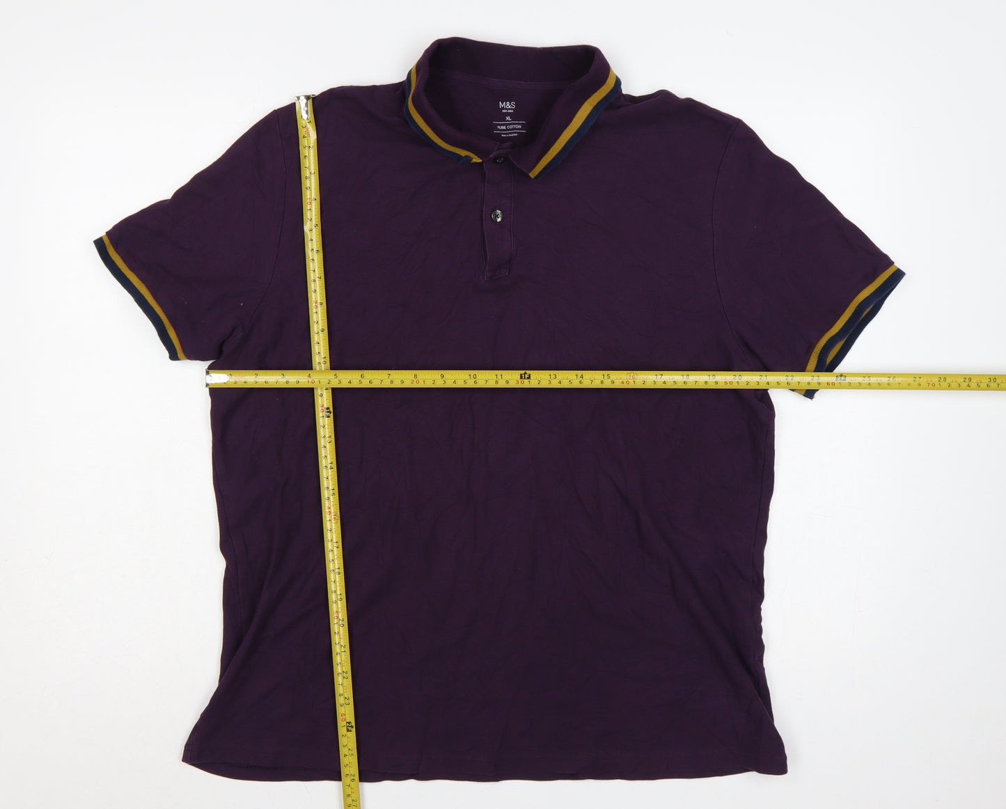 Marks and Spencer Men Purple XL Cotton Polo Shirt Contrast Trim