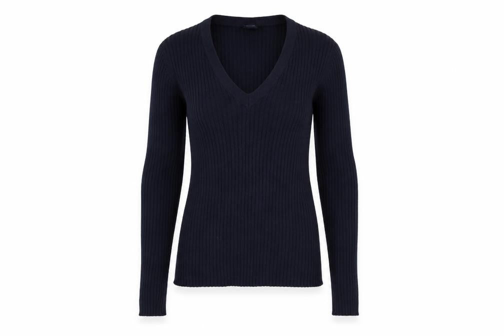Front view of Gap Women’s Navy Blue S Rib Knit V-Neck Slim jumper