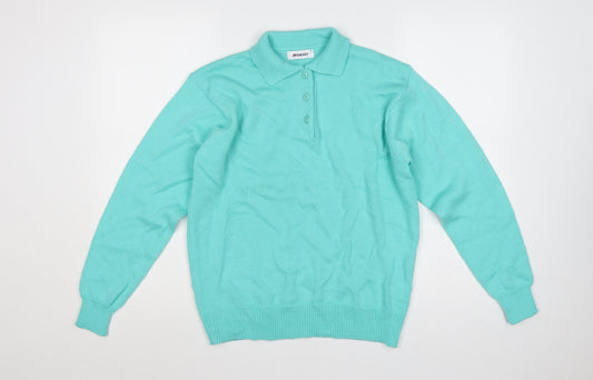 Damart Women Blue Size 12 Henley Collared Acrylic Knit Jumper Long Sleeve