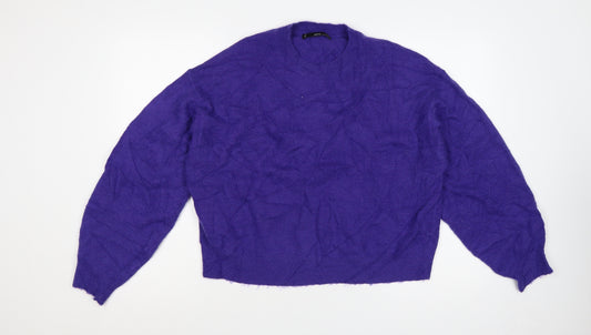 Mango Women Purple UK 12 Puff Sleeve Crew Neck Knit Jumper