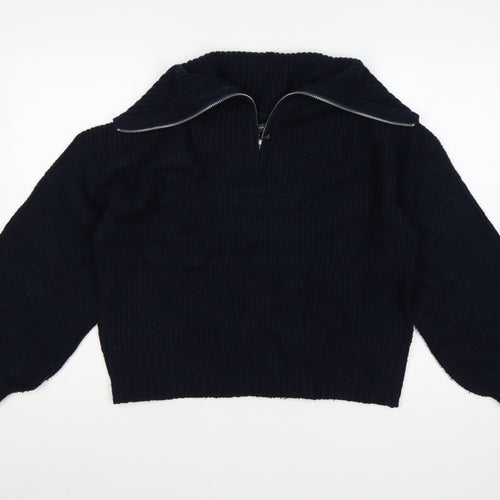French Connection Women’s Blue M Rib Knit 1/4 Zip High Neck Jumper