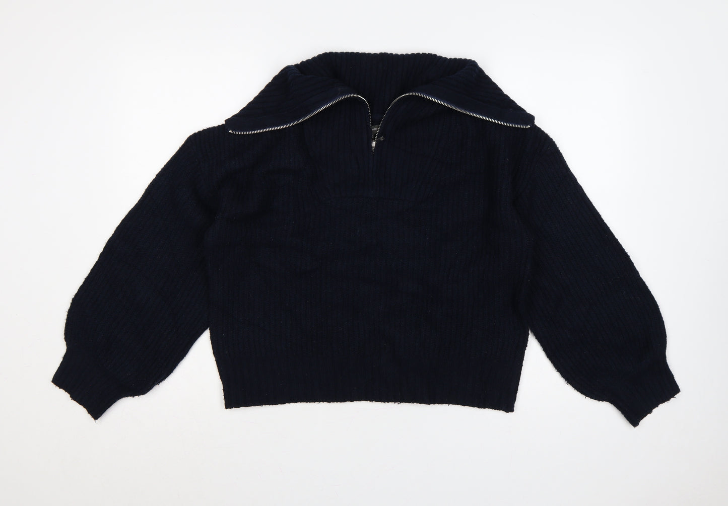 French Connection Women’s Blue M Rib Knit 1/4 Zip High Neck Jumper
