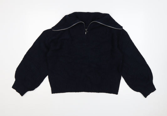 French Connection Women’s Blue M Rib Knit 1/4 Zip High Neck Jumper