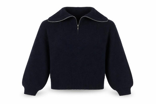 Front view of French Connection Women’s Blue M Rib Knit 1/4 Zip High Neck Jumper