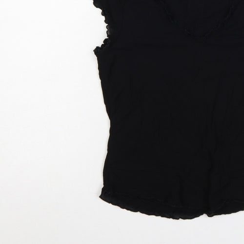 Oasis Women Black UK 14 Slim Basic Ruffle Trim Cap Sleeve T-Shirt