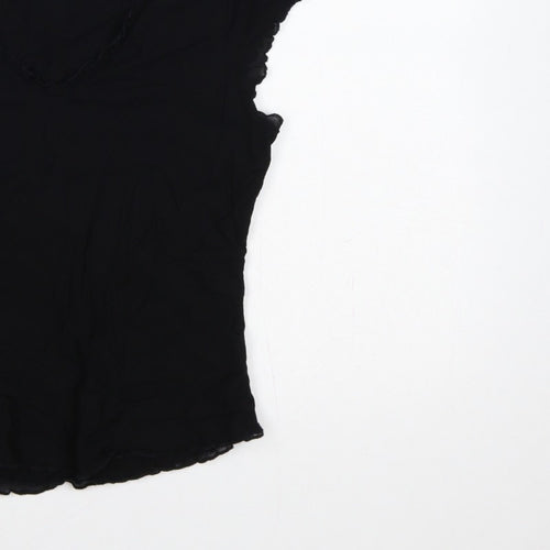 Oasis Women Black UK 14 Slim Basic Ruffle Trim Cap Sleeve T-Shirt