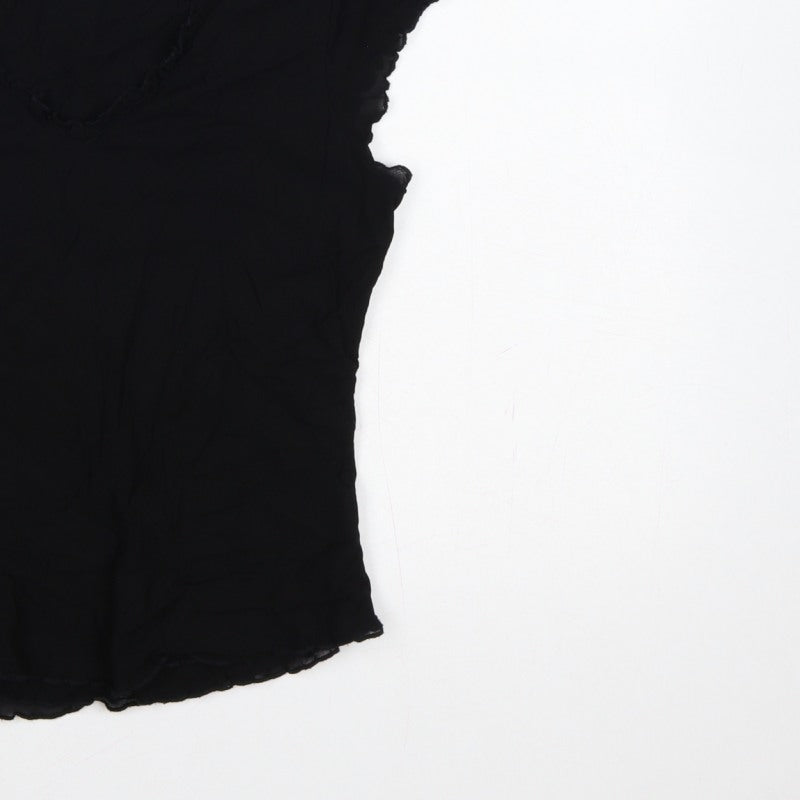 Oasis Women Black UK 14 Slim Basic Ruffle Trim Cap Sleeve T-Shirt