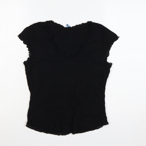 Oasis Women Black UK 14 Slim Basic Ruffle Trim Cap Sleeve T-Shirt