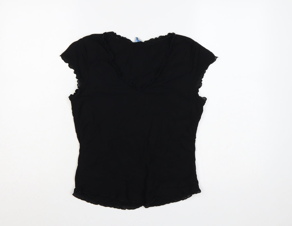 Oasis Women Black UK 14 Slim Basic Ruffle Trim Cap Sleeve T-Shirt