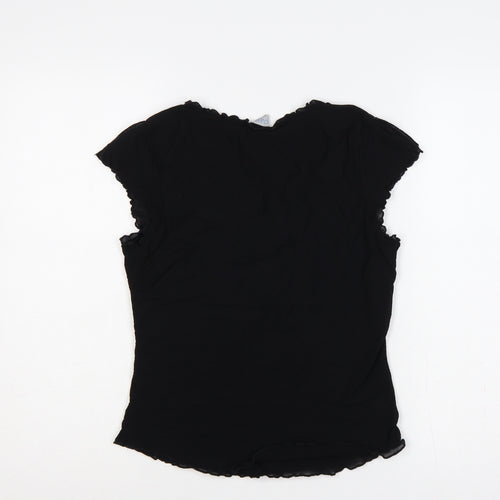 Oasis Women Black UK 14 Slim Basic Ruffle Trim Cap Sleeve T-Shirt