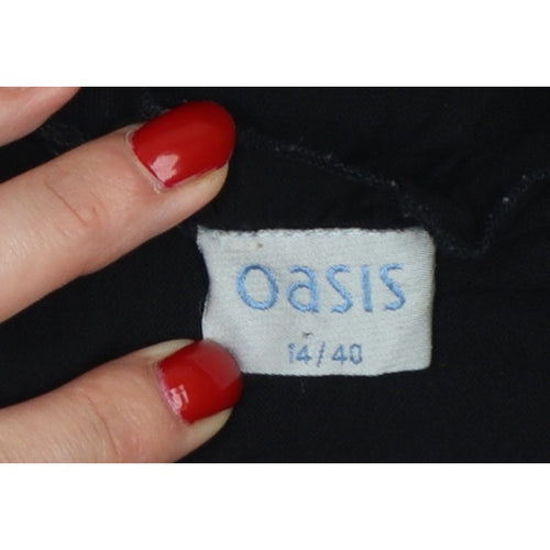 Oasis Women Black UK 14 Slim Basic Ruffle Trim Cap Sleeve T-Shirt