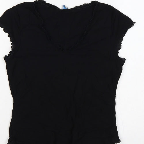 Oasis Women Black UK 14 Slim Basic Ruffle Trim Cap Sleeve T-Shirt