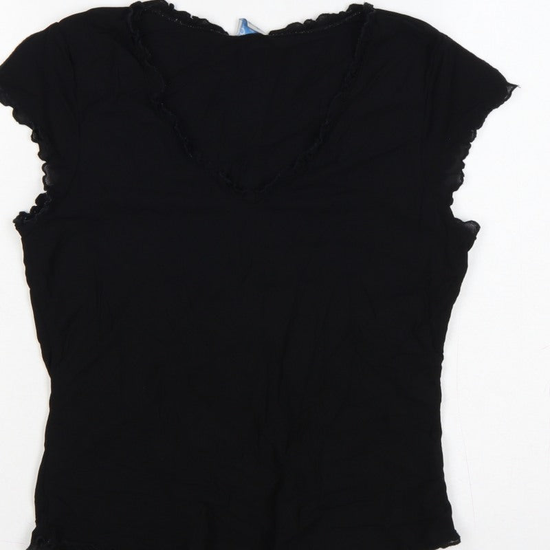Oasis Women Black UK 14 Slim Basic Ruffle Trim Cap Sleeve T-Shirt