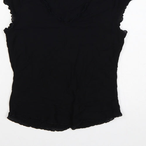 Oasis Women Black UK 14 Slim Basic Ruffle Trim Cap Sleeve T-Shirt