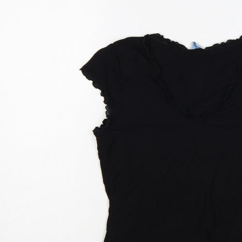 Oasis Women Black UK 14 Slim Basic Ruffle Trim Cap Sleeve T-Shirt