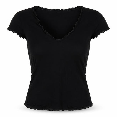 Oasis Women Black UK 14 Slim Basic Ruffle Trim Cap Sleeve T-Shirt