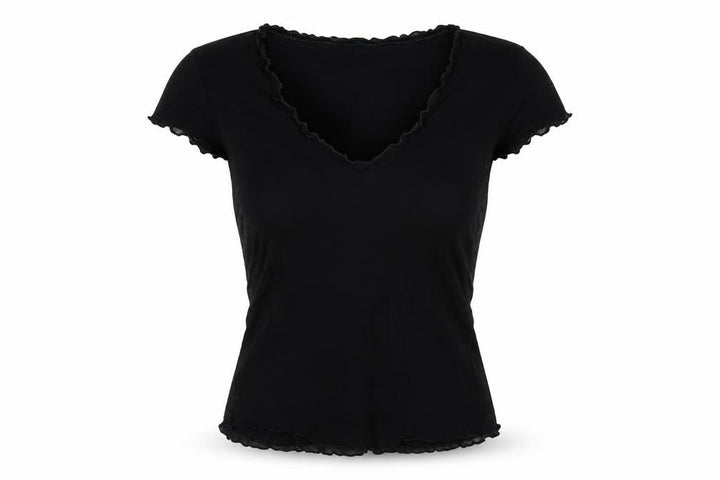 Oasis Women Black UK 14 Slim Basic Ruffle Trim Cap Sleeve T-Shirt
