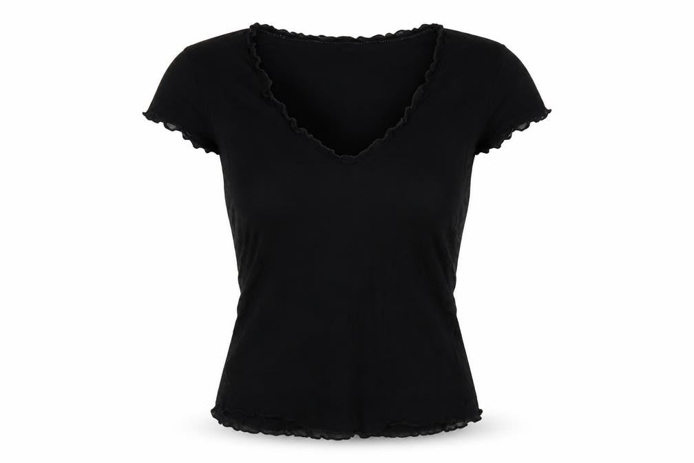 Oasis Women Black UK 14 Slim Basic Ruffle Trim Cap Sleeve T-Shirt