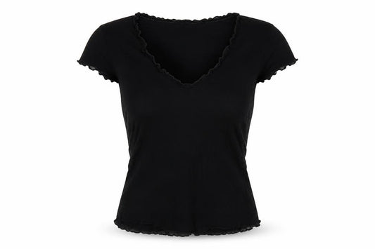 Oasis Women Black UK 14 Slim Basic Ruffle Trim Cap Sleeve T-Shirt