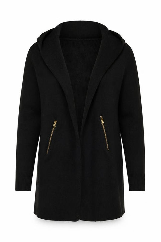 Jaeger Women’s Black S Long Open Knit Cardigan Gold Zip Pockets