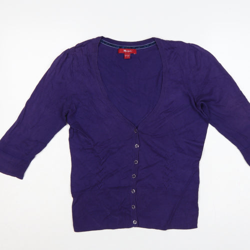 Monsoon Women Purple UK 12 V-Neck 3/4 Sleeve Cotton Button Cardigan