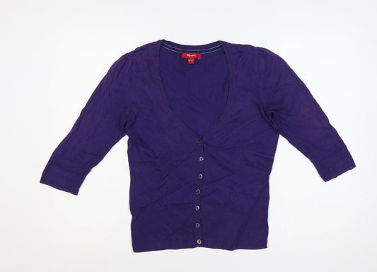 Monsoon Women Purple UK 12 V-Neck 3/4 Sleeve Cotton Button Cardigan