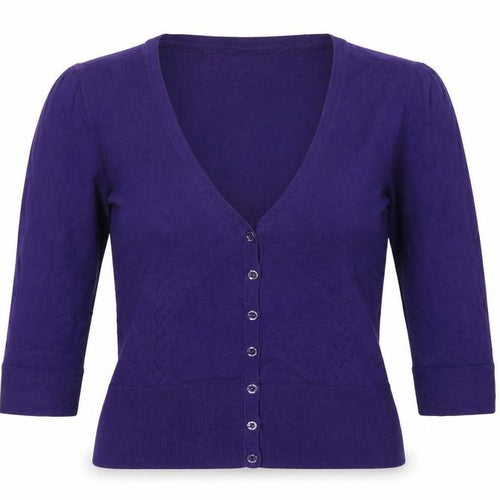 Monsoon Women Purple UK 12 V-Neck 3/4 Sleeve Cotton Button Cardigan