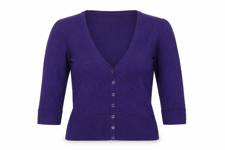 Monsoon Women Purple UK 12 V-Neck 3/4 Sleeve Cotton Button Cardigan