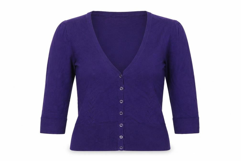 Monsoon Women Purple UK 12 V-Neck 3/4 Sleeve Cotton Button Cardigan