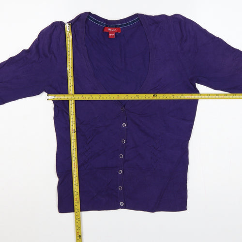 Monsoon Women Purple UK 12 V-Neck 3/4 Sleeve Cotton Button Cardigan