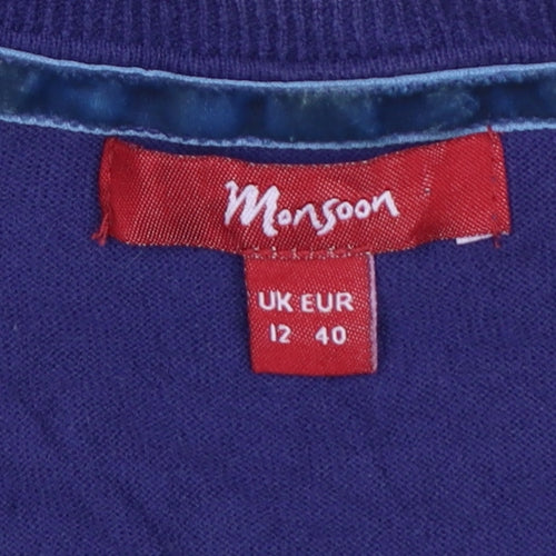 Monsoon Women Purple UK 12 V-Neck 3/4 Sleeve Cotton Button Cardigan