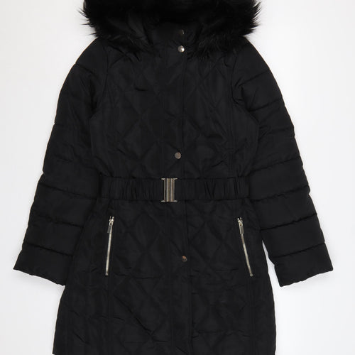 Dorothy Perkins Women Black UK 10 Quilted Belted Faux Fur Hood Puffer Coat