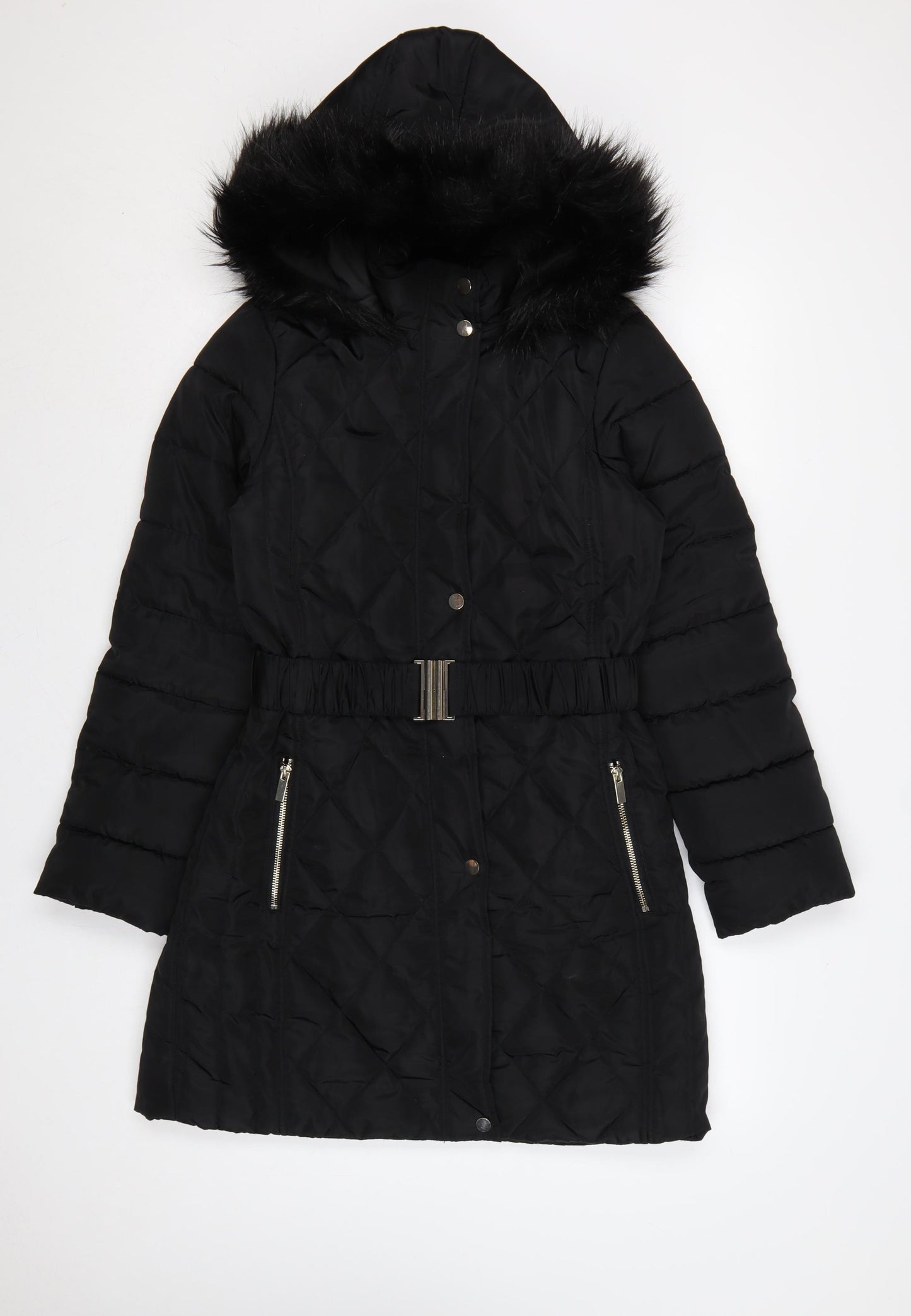 Dorothy Perkins Women Black UK 10 Quilted Belted Faux Fur Hood Puffer Coat