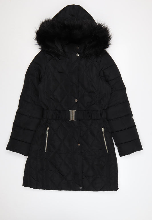 Dorothy Perkins Women Black UK 10 Quilted Belted Faux Fur Hood Puffer Coat