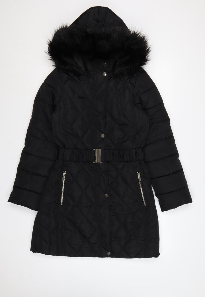 Dorothy Perkins Women Black UK 10 Quilted Belted Faux Fur Hood Puffer Coat