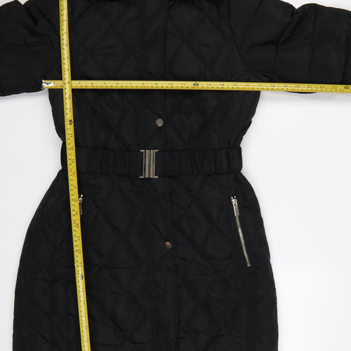 Dorothy Perkins Women Black UK 10 Quilted Belted Faux Fur Hood Puffer Coat