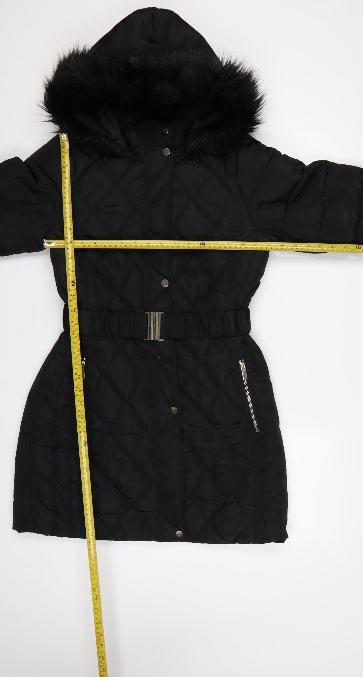 Dorothy Perkins Women Black UK 10 Quilted Belted Faux Fur Hood Puffer Coat